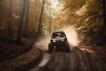 off-road vehicle speeding through wooded forest, surrounded by nature, created with generative ai
