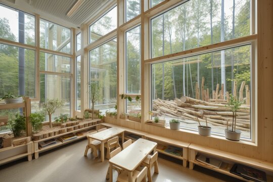 a calm and tranquil learning environment, with a view of nature through the window, created with generative ai
