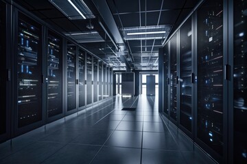 data center filled with sleek and powerful servers, humming in the background, created with generative ai