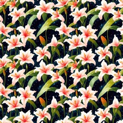 Seamless floral pattern with lily flowers, tileable, Generative AI