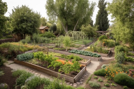 edible landscape with fruit trees and vegetable garden, providing sustenance in the form of fresh produce, created with generative ai