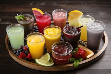 platter of assorted summer drinks, including fruity smoothies, coolers, and ice-blended favorites, created with generative ai