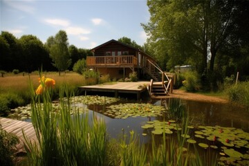 Fototapeta na wymiar eco-friendly bed and breakfast, with deck overlooking private pond, created with generative ai