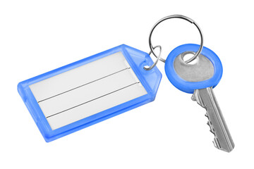 1 Door key with blue blank tag islated on white  background