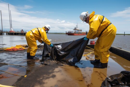 oil spill decontamination team in protective gear, working to prevent further damage and clean up oil, created with generative ai