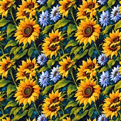 Naklejka na ściany i meble Seamless floral pattern with sunflower flowers, tileable, Generative AI