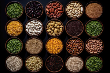Healthy and Nutritious Food Concept: A Variety of Legumes on a Dark Canvas, Top View - Curated by Generative AI