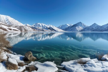Fototapeta na wymiar crystal-clear lake surrounded by snow-covered mountains in winter, created with generative ai