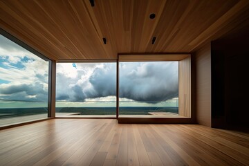 sky, with clouds moving overhead, pictured through large window in wood-paneled room, created with generative ai