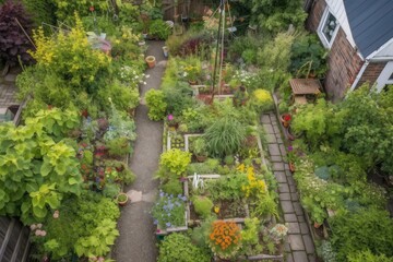 Fototapeta na wymiar view of garden from above, showing diversity and variety of plants, created with generative ai