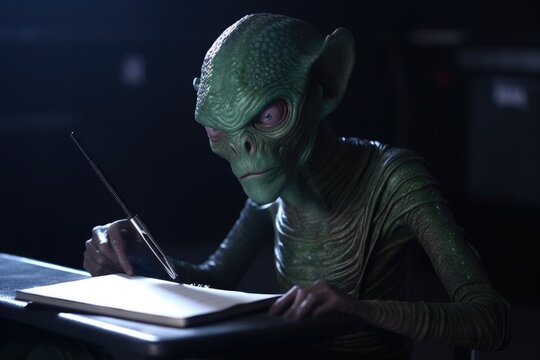 alien student, with tablet in hand, studying for upcoming exam, created with generative ai