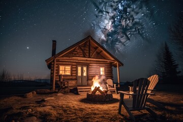 cozy cabin with bonfire and marshmallows, surrounded by starry night sky, created with generative ai