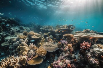 coral reef covered in schools of fish swimming among the colorful coral, created with generative ai