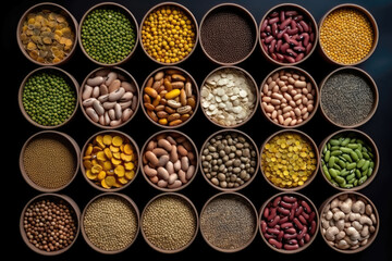 Healthy and Nutritious Food Concept: A Variety of Legumes on a Dark Canvas, Top View. Generative AI