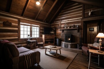 cozy cabin retreat with wireless fireplace and comfy chairs for a peaceful escape, created with generative ai