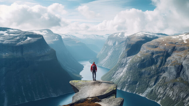 Tourism vacation and travel. Standing on the edge of Trolltunga, Norway Scandinavia Europe. Generative AI.