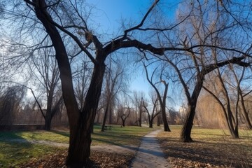 Obraz premium nature, trees and branches in a park with an open view of the sky on a blue background, created with generative ai