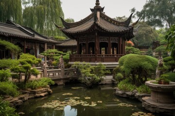 Naklejka premium peaceful china pagoda garden with lotus flowers and babbling brook, created with generative ai