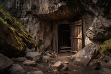 Fototapeta na wymiar mountain cave with large wooden door, locked from the inside, created with generative ai