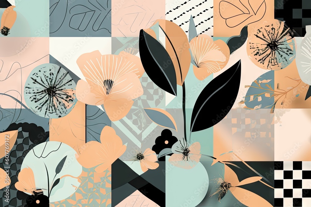 Poster wallpaper with pastel flowers and black geometric shapes, created with generative ai