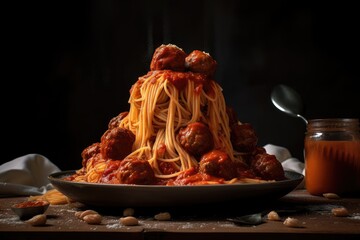 pile of spaghetti with red sauce and meatballs, created with generative ai