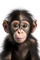 Cute baby chimpanzee isolated on a white background. Generative AI