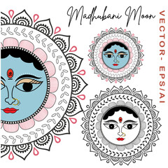 Madhubani Moon a symbol of fertility and prosperity in Madhubani paintings - Moon God - Hand-Drawn Madhubani Moon