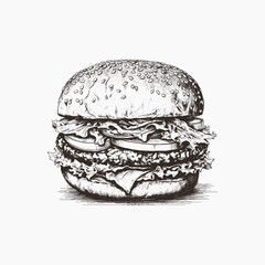 Vector illustration engraving american burger vector hamburger vintage style isolated on white	
