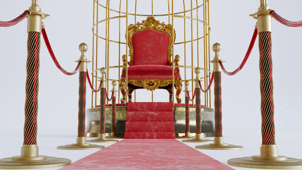 3D render of red carpet with golden barrieres leading to a golden king throne inside an open cage