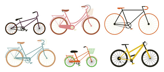 Vector set of coloured bicycles different tipes: hybrid, single speed, bmx, road bike, mountain bike, fixed gear in flat style