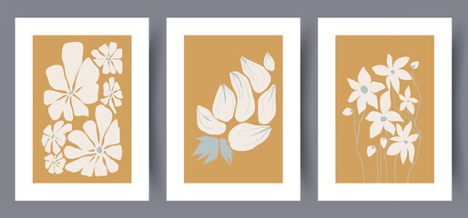 Still life flowers blooming buds wall art print. Wall artwork for interior design. Printable minimal abstract flowers poster. Collection, set. Contemporary decorative background with buds.