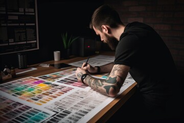 creative freelancer working on a poster design, with various fonts and colors visible, created with generative ai