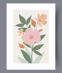 Still life flowers spring bouquet wall art print. Contemporary decorative background with bouquet. Wall artwork for interior design. Printable minimal abstract flowers poster.