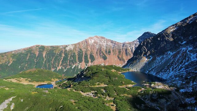Aerial autumn view of lake Rohachske pleso in High Tatras in Slovakia