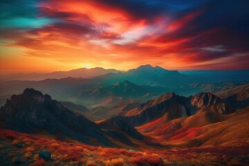 majestic mountain range with the sun setting behind, surrounded by vivid colors, created with generative ai