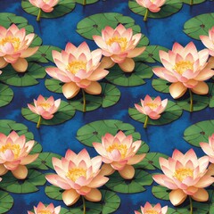Seamless floral pattern with Lotus flowers, tileable, Generative AI