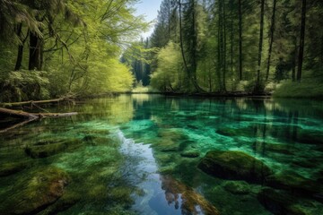 crystal-clear lake surrounded by lush, green forest, created with generative ai