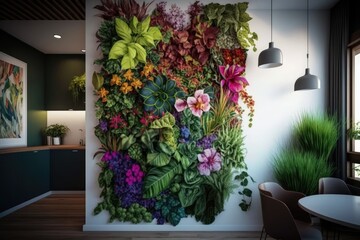 a vertical garden of lush green plants and colorful flowers on a white wall in an interior, created with generative ai