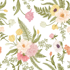 Stof per meter Seamless floral pattern with bouquets of spring flowers. Vintage background. Peony, ferns, tulips, anemones, chrysanthemum eucalyptus seeds. Pastel colors. Art line. © Lisla