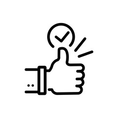 Positive approval icon, good feedback, like recommend, thumb up with check, thin line web symbol on white background - editable stroke vector illustration eps10