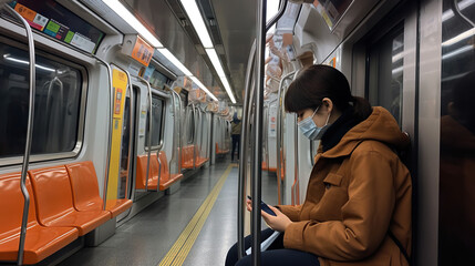 Fototapeta na wymiar Asian Passenger Sitting on Empty Subway Train Wearing Mask Generative AI Photo