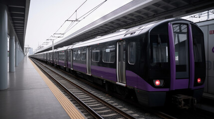Purple Passenger Car Pulling Into Empty Train Station Generative AI Photo