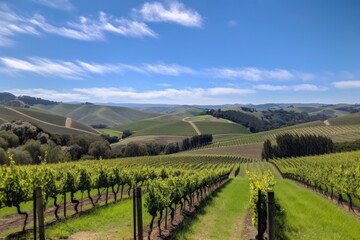 Fototapeta na wymiar vineyard with rolling hills and blue skies in the background, created with generative ai