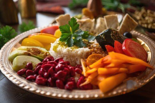 close-up of a plate filled with delicous and colorful food, created with generative ai