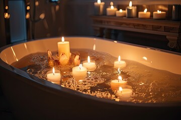 close-up of bathtub filled with warm water and bubbles, surrounded by candles for a peaceful and soothing atmosphere, created with generative ai