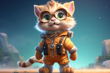 3D illustration: cute cat wearing glasses in a childlike cartoon character style. Generative AI