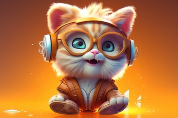 3D illustration: cute cat wearing glasses in a childlike cartoon character style. Generative AI