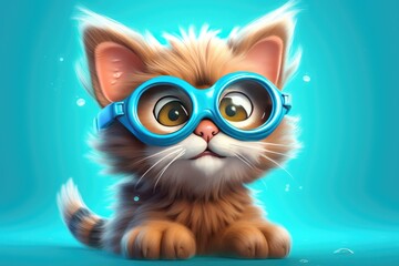 3D illustration: cute cat wearing glasses in a childlike cartoon character style. Generative AI