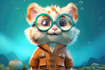 3D illustration: cute cat wearing glasses in a childlike cartoon character style. Generative AI