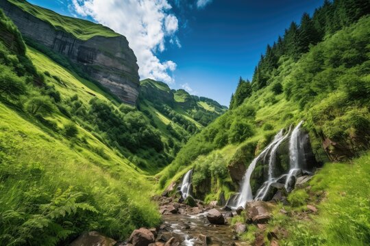 majestic mountain landscapes with waterfall, forest, and blue skies, created with generative ai